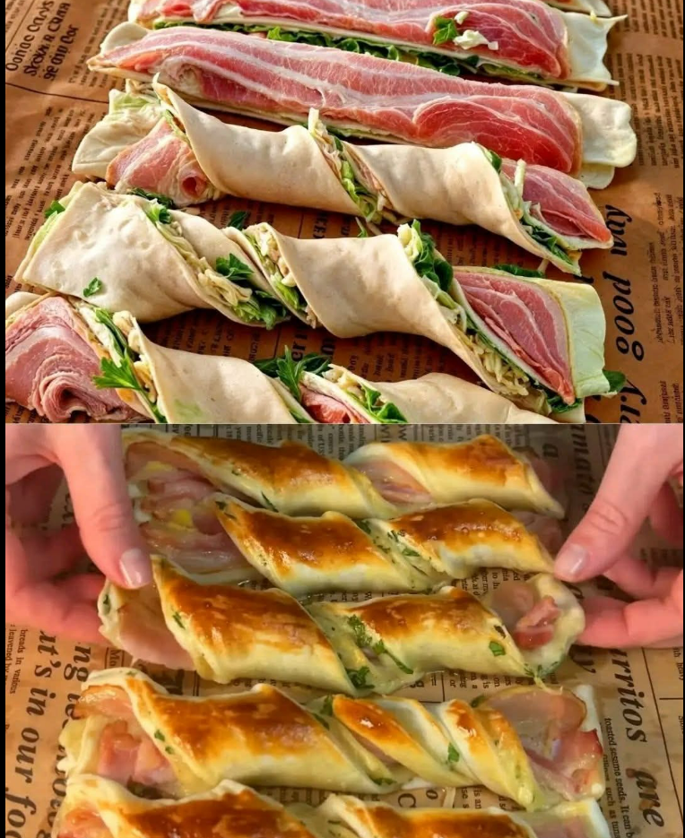 Chrupiące zawijasy z ciasta francuskiego z bekonem i serem w sosie śmietanowo-czosnkowym