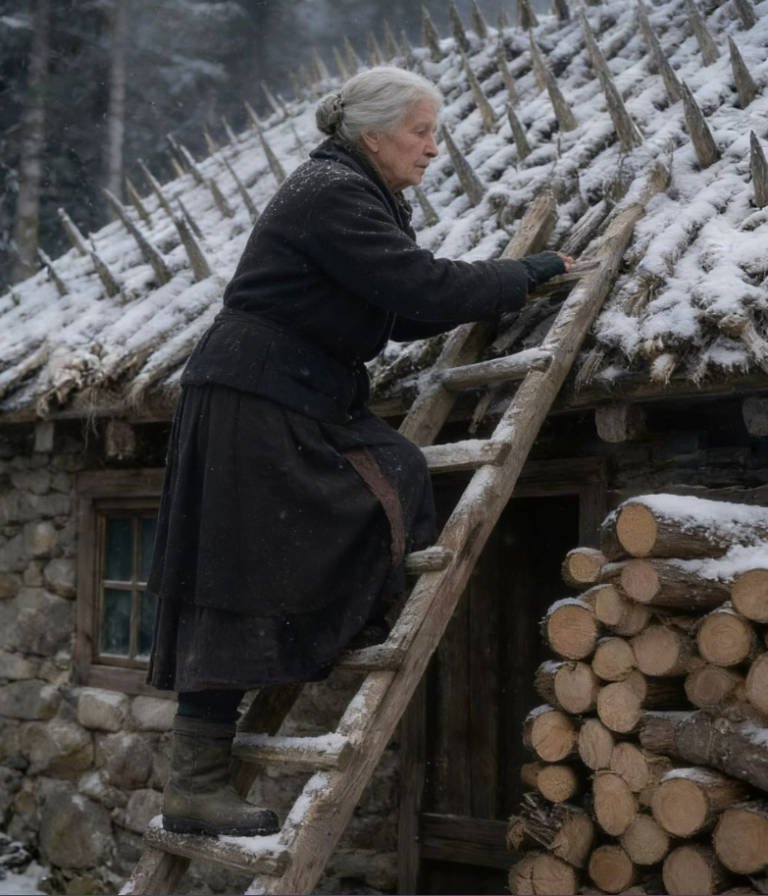Starsza kobieta spędziła całe lato i jesień, wbijając ostre drewniane kołki w dach. Sąsiedzi byli przekonani, że postradała zmysły… aż w końcu nadeszła zima.