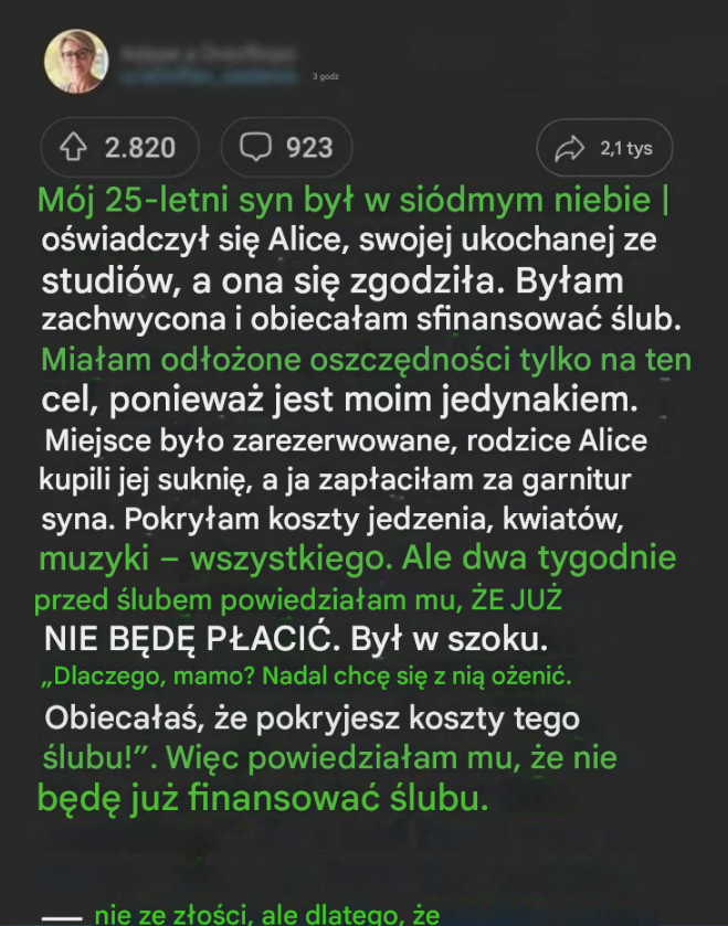Obiecałam sfinansować ślub mojego jedynego syna, ale odwołałam wsparcie finansowe 2 tygodnie przed wielkim dniem – czy mój powód jest uzasadniony?